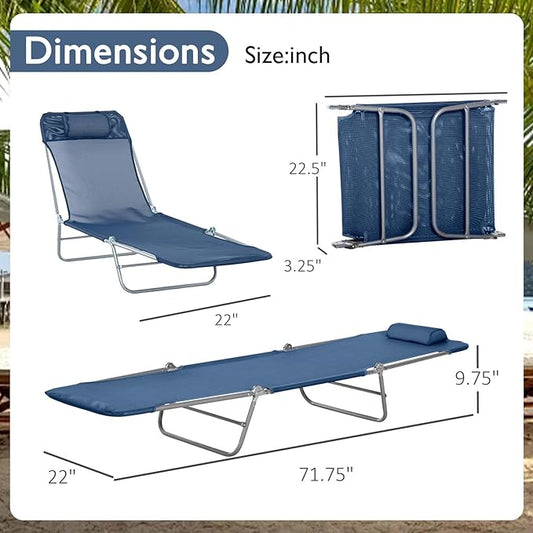 Folding Chaise Lounge Pool Chair, Patio Sun Tanning Chair, Outdoor Lounge Chair with 6-Position Reclining Back, Breathable Mesh Seat, and Headrest for Beach, Yard, Patio(Blue1)