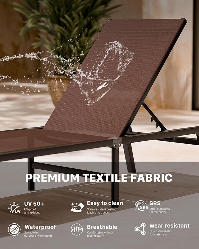 Aluminum Chaise Foldable Patio Lounge Chair Outdoor, Metal Deck Lounger Adjustable 5-Position Recliner Pool Chase Breathable Full Flat Outside Sun Tanning Chairs for Beach/Poolside/Lawn(Brown, 2 Pack)