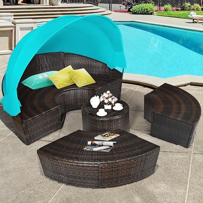 RELAX4LIFE Round Outdoor Daybed with Canopy, Rattan Wicker Sectional Sofa Set w/Cushions, Height Adjustable Table, Conversation Bed Lounger Separated Seating for Outside Pool, Patio Daybed (Turquoise)