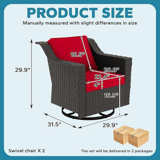 Patio 2 Pieces Wicker Swivel Chairs Set of 2,Outdoor PE Rattan Rocking Glider Armchairs, Water-Resistant Cushions with Removable and Washable Covers, Porch, Balcony, Sunroom (RED)