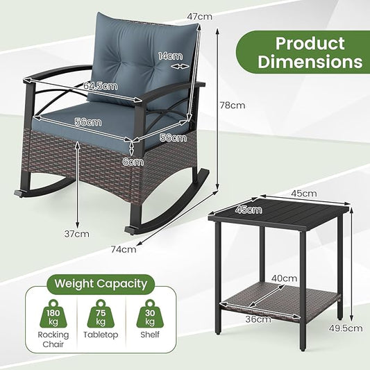ORALNER 3-Piece Wicker Rocking Chair Set, Outdoor Cushioned Rocker and Acacia Wood Side Table, 400lbs Capacity, PE Rattan Patio Conversation Bistro Set for Porch, Garden, Deck, Poolside, Yard (Gray)