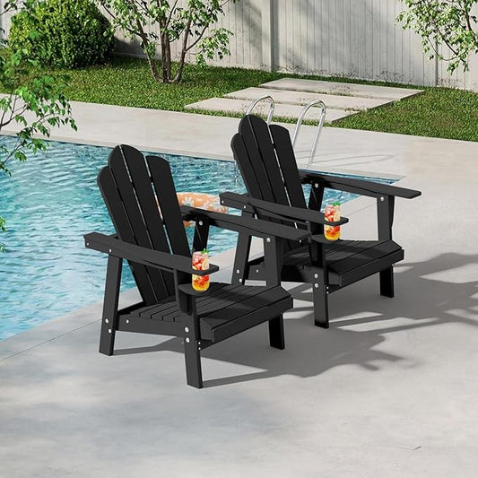 PROHIKER Adirondack Chair Set of 4, HDPE Outdoor Patio Chair with Cup Holder All Weather Outdoor Chairs for Lawn Garden Porch Backyard, Plastic, Black