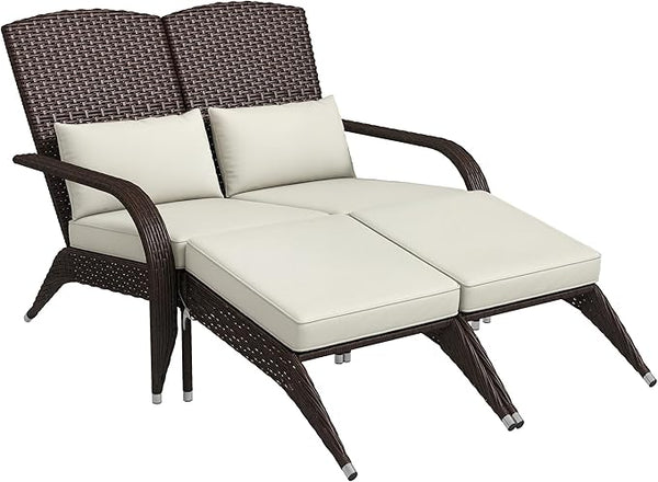 Outsunny Wicker Adirondack Chair for 2 with Cushions & Footrests, PE Rattan Double Chaise Lounge Chair - Photo 1