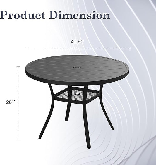 Outdoor Dining Table with Adjustable Umbrella Hole, 40.6" All-Weather Round Patio Dining Table for 4, Metal Patio Table with Storage Shelf for Garden Lawn Porch Deck Yard, Black