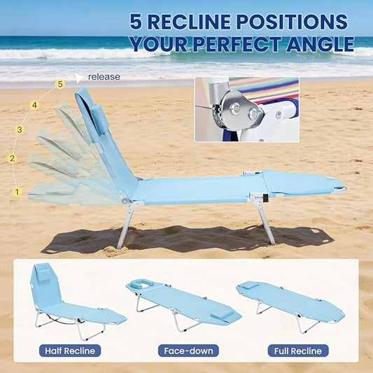 LILYPELLE Folding Chaise Lounge Chair with Mattress, 5 Position Beach Chair with Face Hole, Patio Chaise Lounge Chairs for Outside, Sunbathing, Camping, Pool, Beach, Poolside