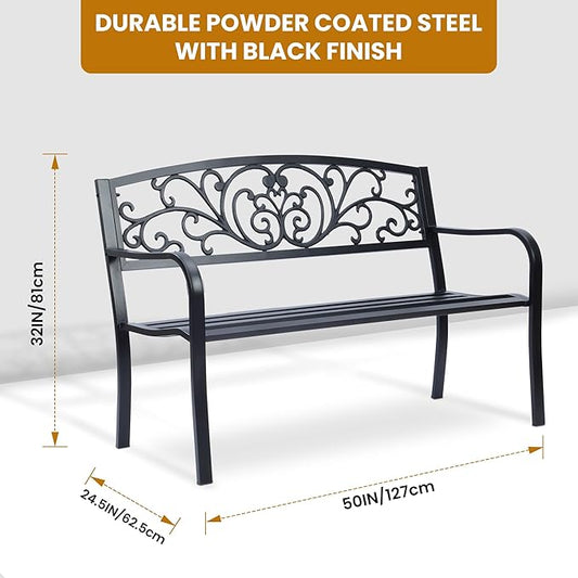 Simply Elegant Flora Metal Park Patio Bench, Outdoor Bench in Black for Porch, Lawn, Garden, Deck by Sun-Ray