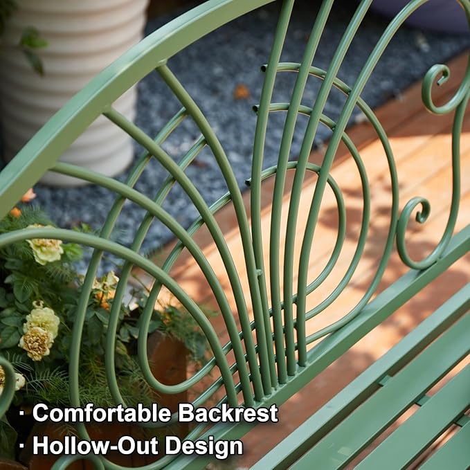 Green Metal Garden Bench, Outdoor Patio Bench with Elegant Backrest Design, Weather Resistant, 2-Person Seating, for Lawn, Park, Patio, Max Load 660 LBS