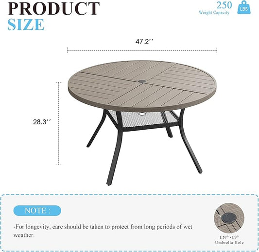 VICLLAX 47.2" Round Patio Table with Umbrella Hole, All Weather Metal Outdoor Dining Table for 6, Outside Table with Storage Shelf for Lawn Garden, Grey Wood-Grain Finish