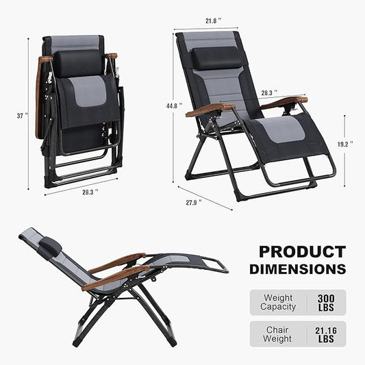 PURPLE LEAF Oversized Outdoor Reclining Chair Set of 2 Patio Zero Gravity Chaise Lounge Folding Chair with Quilted Cushion Adjustable Headrest for Lawn Camping Beach Pool Black and Grey