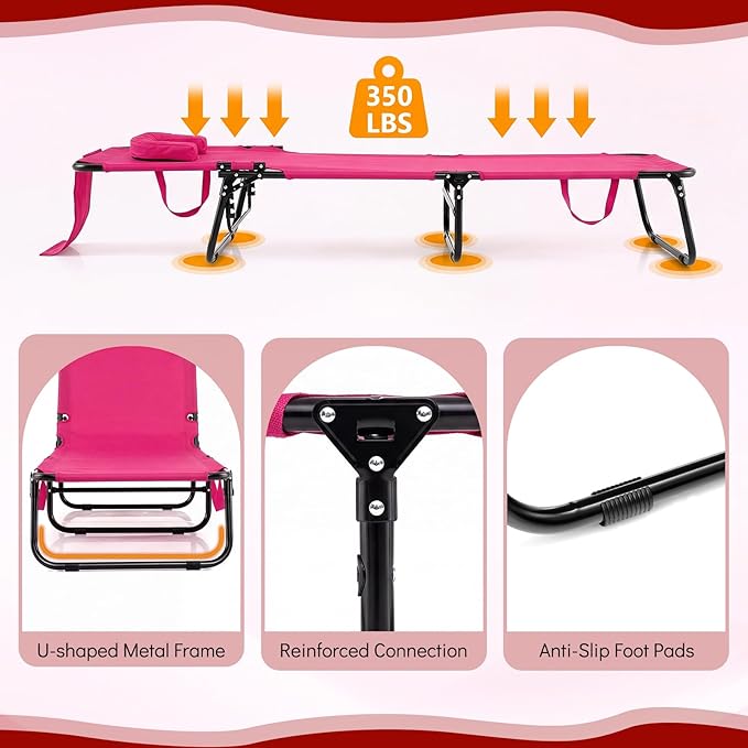 COSTWAY Tanning Chair with Face Hole, Pillows & Adjustable Backrest, Portable with Carrying Bag, Folding Beach Chaise Lounge for Sunbathing, Seaside (1, Pink)
