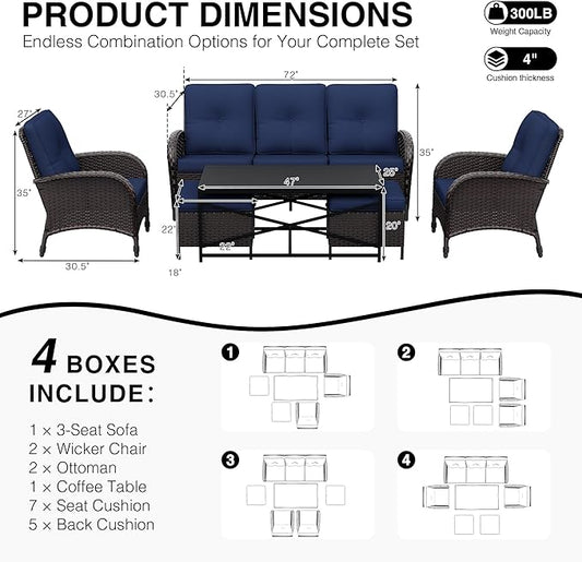 Joyside Wicker Patio Furniture Set, 6 Piece Outdoor Furniture Set with Thickened Cushions, High Back, Deep Seating, Wide Armrest, Rattan Outdoor Chairs for Porch, Deck