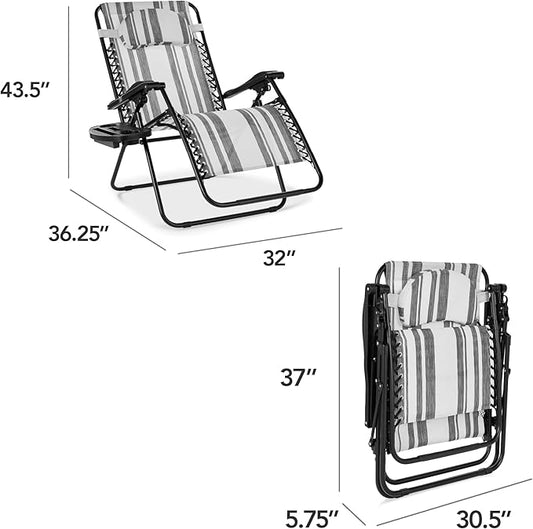 Best Choice Products Oversized Zero Gravity Chair, Folding Outdoor Patio Lounge Recliner w/Cup Holder Accessory Tray, Pillow - Gray Stripes