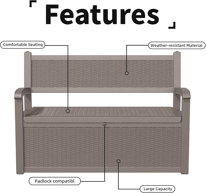 Vixzen 80 Gallon Outdoor Storage Bench Deck Box, Lockable All-Weather Resin Seating with Hidden Storage, Waterproof Patio Furniture for Garden, Pool, Gray