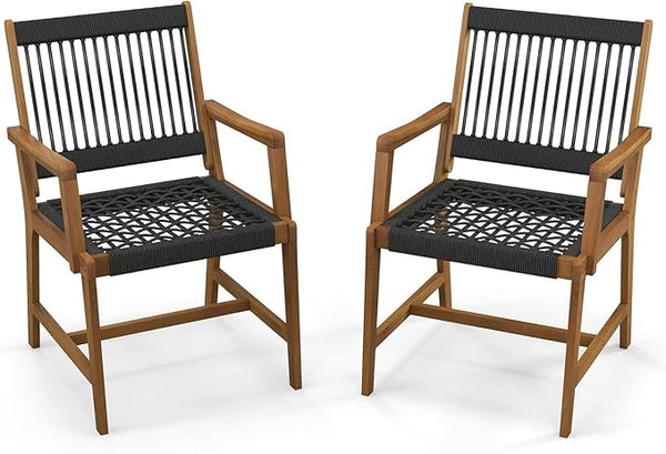 Tangkula Outdoor Acacia Wood Dining Chairs Set of 2, All-Weather Rope Woven Patio Chairs with Armrests - Photo 1