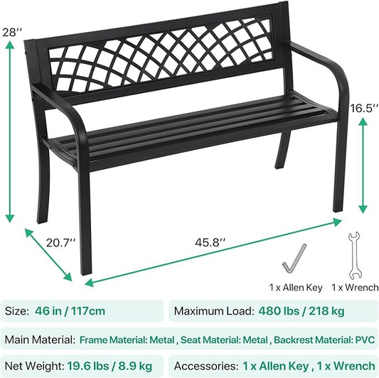 Dkeli Patio Outdoor Bench Park Metal Sturdy Cast Iron Garden Benches Porch Chair Seat Furniture with Armrests 480BLS Bearing Capacity for Park Yard Deck Entryway, Black