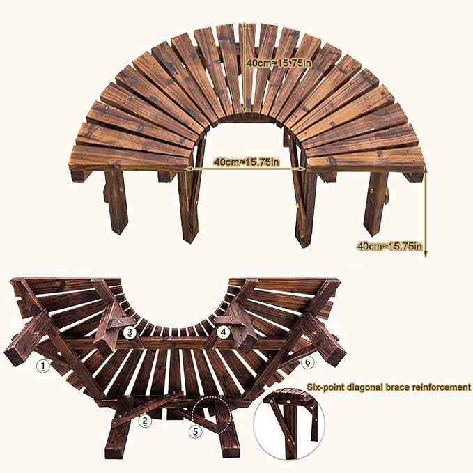 Tree Bench Wrap Around, Outdoor Patio Garden Porch Curved Bench, Wood Outdoor Benches Weatherproof, Wooden Semicircular Park Benches for Outside