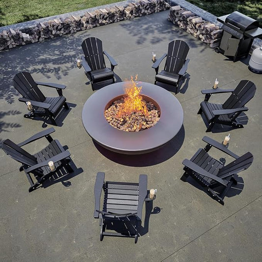 Folding Adirondack Chair with Cup Holders Set of 2, HDPE Plastic Outdoor Chairs, Weather Resistant, Real Wood Look for Patio, Deck, Fire Pit, Backyard, Black