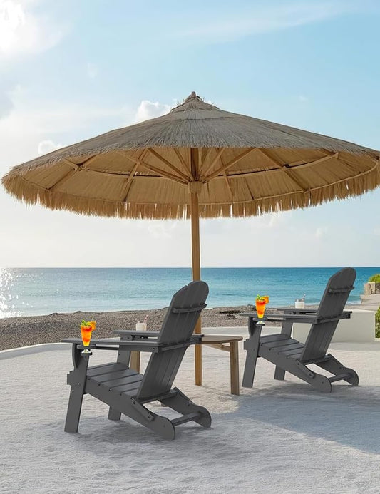 Folding Adirondack Chair Set of 2, Wooden Textured Plastic Adirondack Chairs with 2 Cup Holder, Weather Resistant HDPE Fire Pit Chair, Outdoor Patio Chairs for Garden, Backyard, Lawn, Deck, Grey