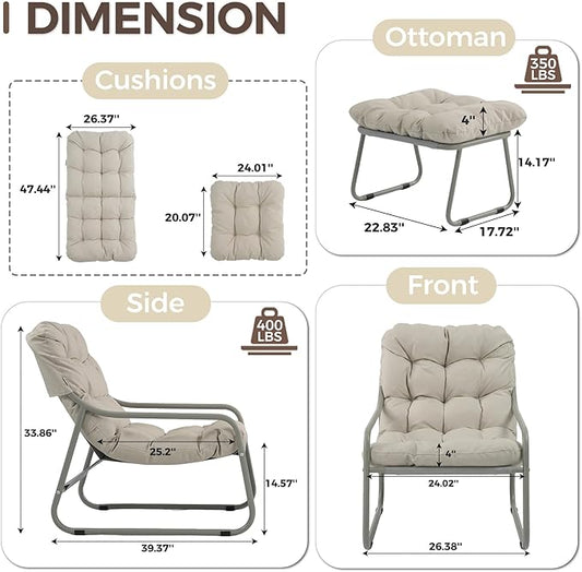 BULEXYARD Patio Lounge Chair with Ottoman, Set of 2, 4" Thick Cushion Reading Lounge Chairs, Heavy-Duty Outdoor Conversation Seating for Balcony, Yard, Garden, Porch, Poolside, Beige