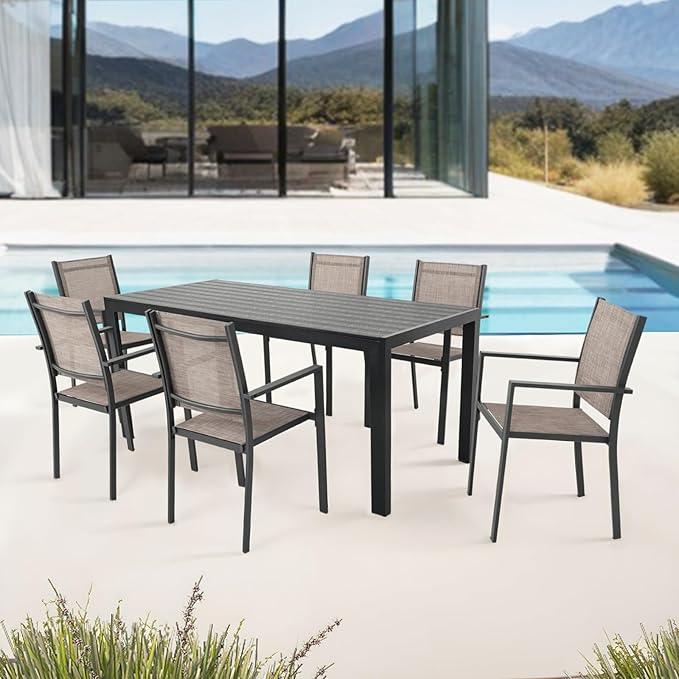 Patio Dining Chairs, All-Weather Textilene Outdoor Dining Chair Set of 4, Heavy-Duty Stackable Minimalist Outdoor Chairs with Armrest, Patio Chairs for Lawn Deck Pool, Brown