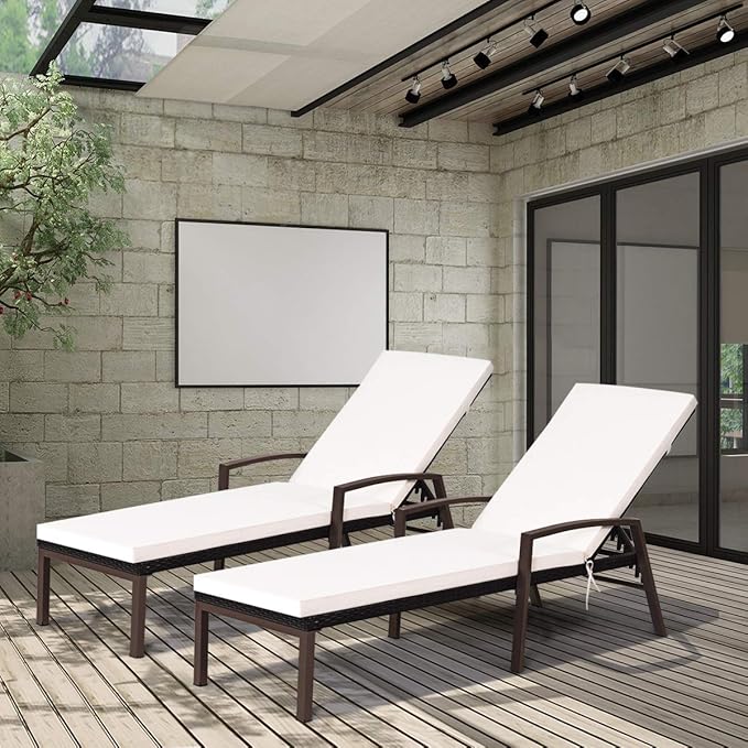 Tangkula Set of 2 Patio Rattan Chaise Lounge Chair, Outdoor Reclining Chaise with Cushion and Armrest, 2 Cushion Cover Sets, Wicker Sun Lounger with Adjustable Backrest for Garden (Turquoise & White)