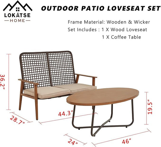 LOKATSE HOME Outdoor 2 Pcs Patio Loveseat Wood with Coffee Table Bistro Cushioned Outside Bench Wicker for Garden Poolside Balcony, Khaki