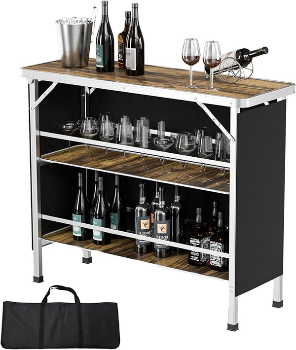 VINGLI 43" Portable Bar Table, 3-Tier Shelves, Carry Bag,Mobile Bar Table for Events, Party, Camping, Picnic, Tradeshow - Photo 1