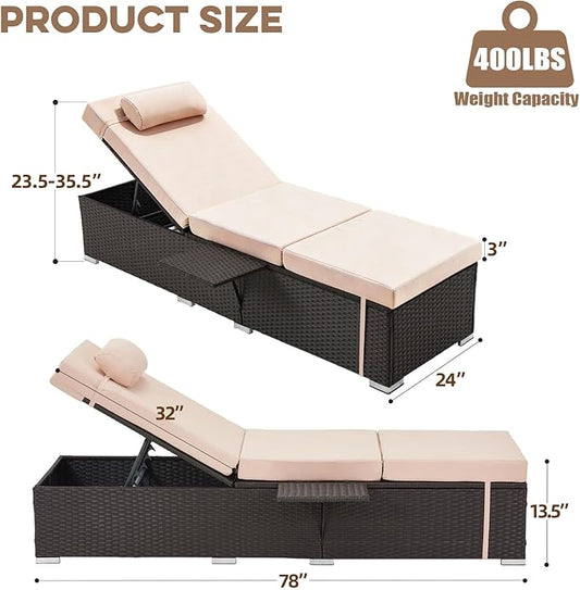 Outdoor Chaise Lounge with Adjustable Backrest Set of 4, 6-Position Reclining Lounger Pool Chair, Thick 3-Inch Cushion & Side Tray, All-Weather PE Wicker for Outdoor, Backyard, Deck (Khaki)