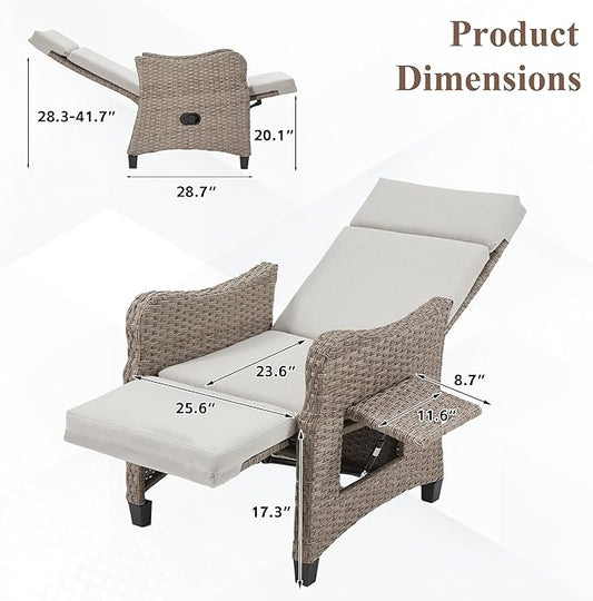 HOMREST Outdoor Recliner Chair with Flip-up Table Set of 2, Rattan Armchair with 150°Adjustable Backrest, Wicker Lounge Chair with Integrated Footstool & Removable Cushion for Gardens, Light Gray