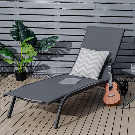 COSTWAY Outdoor Chaise Lounge with Wheels, 6-Position Adjustable Tanning Chair with Stable Aluminum Frame, Portable Sun Bathing Lounge Chair for Backyard, Garden, Poolside (Grey)