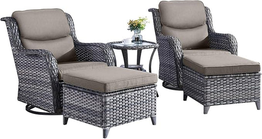 Rilyson Wicker Patio Furniture Set - 5 Piece Rattan Outdoor Sectional Conversation Sets with 2 Swivel Rocking Chairs,2 Ottomans and 1 Side Table for Porch Deck Garden(Mixed Grey/Grey/Smile)