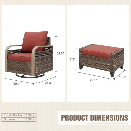 Modern Wicker Outdoor Swivel Rocking Chairs, Rattan Glider Rocker Patio Furniture for Backyard, Deck, Porch, Garden, 2 Chairs 2 Ottomans, Brown/Red