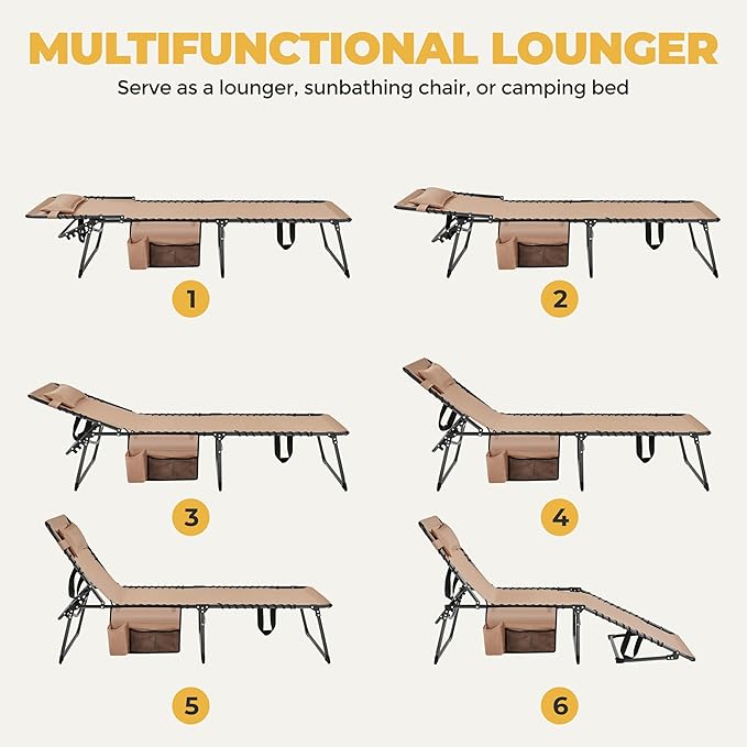 Yaheetech 26.4" Outdoor Folding Tanning Chair, Chaise Lounge Chairs with 5 Back Position Adjustable, Extended Portable Lounger for Beach, Patio, Beige