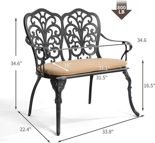 HOMEFUN Outdoor Bench, Patio Garden Benches Metal Loveseat Cast-Aluminum Outside Furniture for Park Lawn Front Porch Black