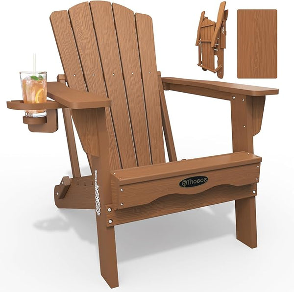 Folding Adirondack Chair, HDPE All-Weather Outdoor Chair with Cup Holder, Wooden Textured, Fire Pit Chair - Photo 1