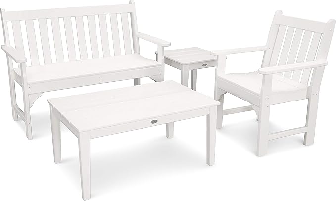 Polywood Vineyard 4-Piece Outdoor Bench Seating Set - White HDPE Patio Furniture with Coffee Table and Side Table - Garden Bench Conversation Set for Deck, Backyard & Poolside
