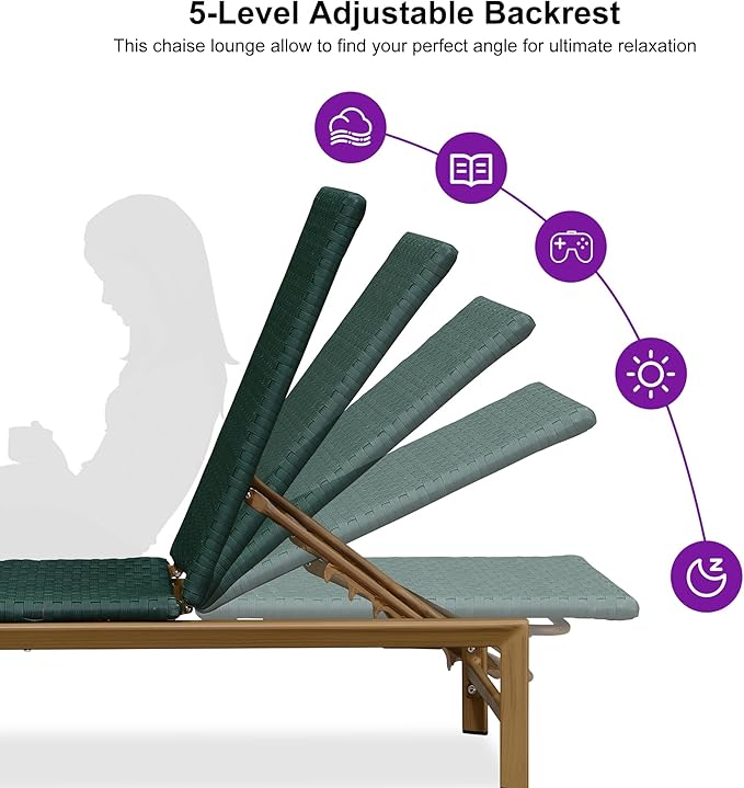 PURPLE LEAF Patio Chaise Lounge Chairs Outdoor Set of 2, Wicker Pool Lounge Chairs for Outside with Adjustable Backrest, Aluminum Sunbathing Lounger for Patio, Poolside, Garden, Green