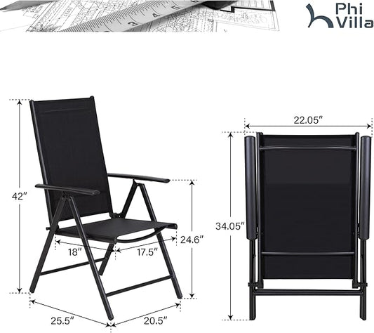 PHI VILLA Patio Folding Chairs Set of 4, Portable Outdoor Dining Chairs with Adjustable Backrest for Outside, Garden, Lawn & Yard, No Assembly, Black