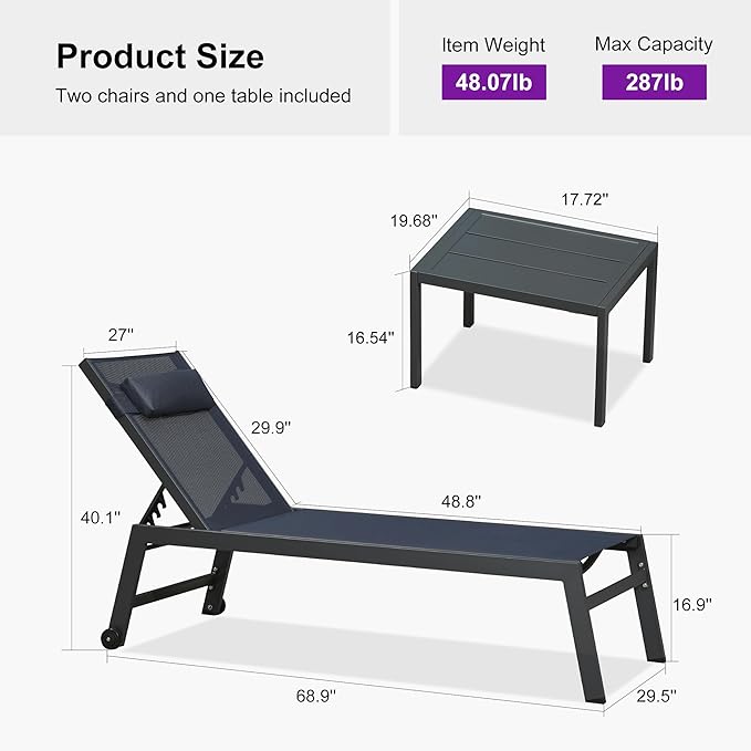 PURPLE LEAF Outdoor Oversized Lounge Chair Set of 3 Patio Chaise Pool Lounger Aluminum Frame with Side Table and Wheels for Outside Sunbathing Tanning Recliner Including Pillows Navy Blue