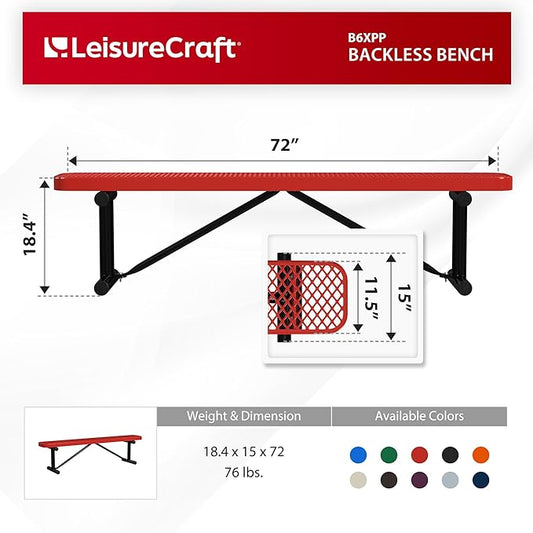 Leisure Craft Metal Outdoor Bench - 6 Foot Heavy Duty Backless Bench Seating for Garden, Porch, Picnic, Park, Expanded Metal, Thermoplastic Coating, Commercial Grade Furniture Made in USA - Red