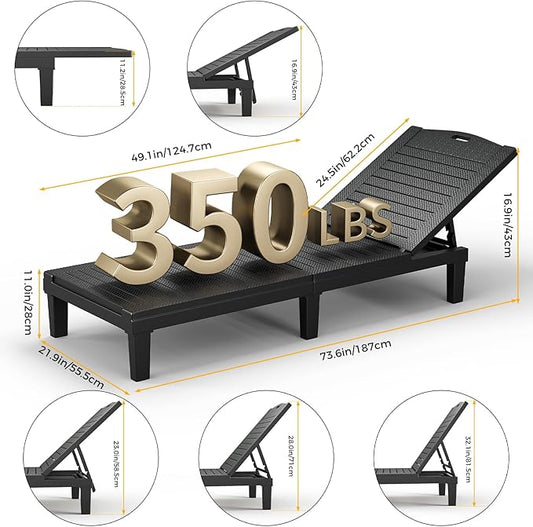 2PCS Outdoor Lounge Chairs 5 Position Adjustable, Pool Chairs, Sun Lounger, Patio Chaise Lounges PP Black, 74.06x11.02x34.65in
