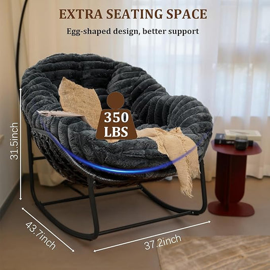 Outdoor Rocking Chair, Patio Wicker Egg Chair, Indoor Comfy Oversized Papasan Chair with Padded Cushion, Royal Rattan Rocker for Front Porch, Garden, Patio (Dark Grey)