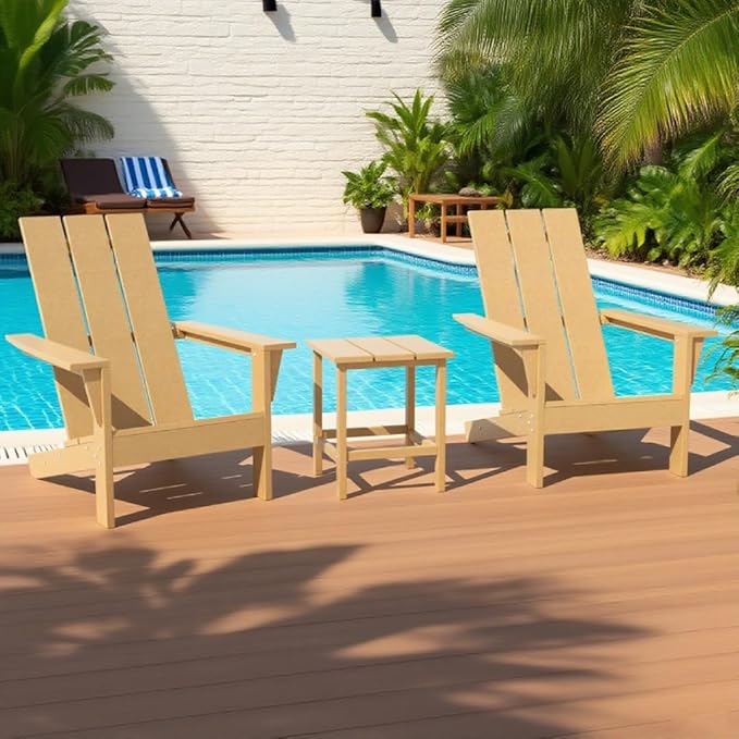 3 PCS All Weather Resistant Adirondack Chair,HDPE Plastic Adirondack Patio Chair with Wood-Texture Table,Lawn Chair for Poolside, Backyard, Sand