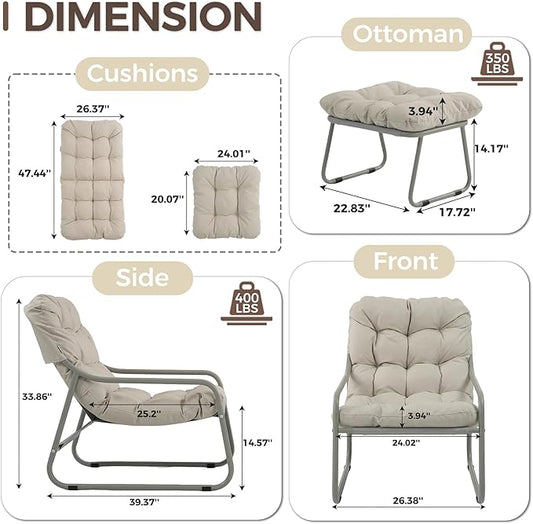 BULEXYARD 4" Thick Cushion Patio Lounge Chair, Heavy Duty Reading Chair with Ottoman, Breathable Mesh Outdoor Chair and Ottoman Set for Balcony Yard Garden Porch Poolside, Beige