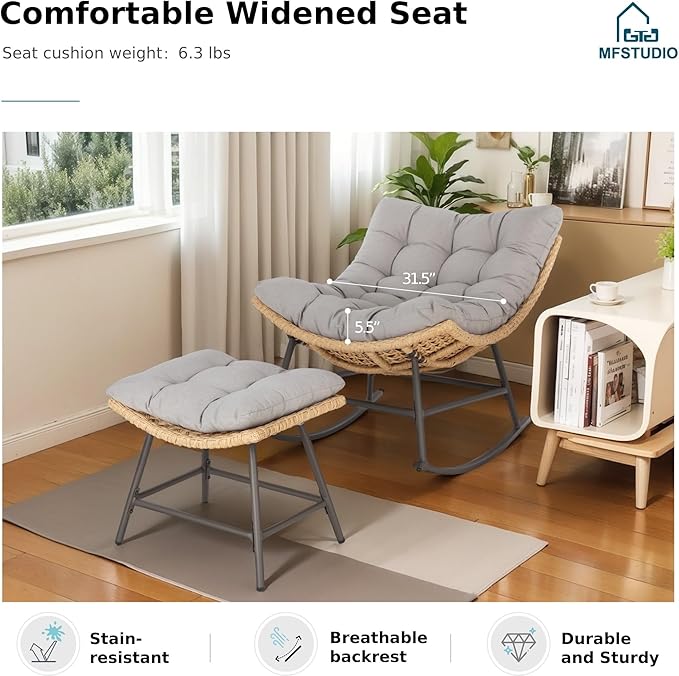 MFSTUDIO Outdoor Papasan Rocking Chair with Ottoman, Wicker Rattan Egg Papasan Rocking Chair, Oversized Egg Shaped Patio Chair, Outdoor Lounge Rocker Chairs for Patio, Balcony, Porch and Indoor