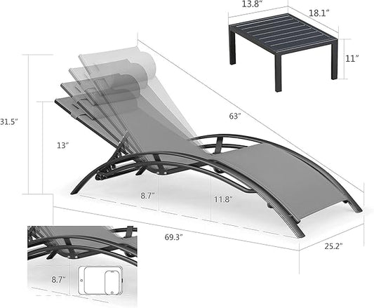 PURPLE LEAF Patio Chaise Lounge with 10' x 6.5' Tilt Umbrella Outdoor Lounge Chair Beach Pool Sunbathing Lawn Lounger, Base and Side Table Included, Grey