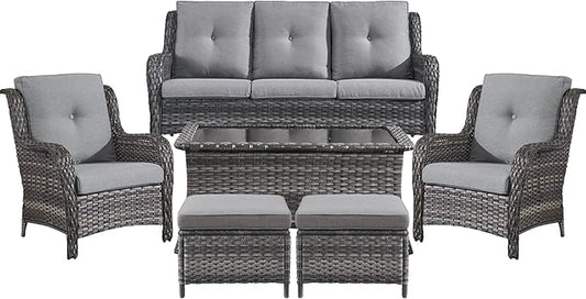 Belord Patio Wicker Sofa Set 6 Pieces Patio Furniture Set Outdoor Couch, 2 Patio Wicker Chairs with 1 Sofa, Coffee Table and Ottomans, Patio Conversation Set for Porch Garden Deck Balcony Poolside