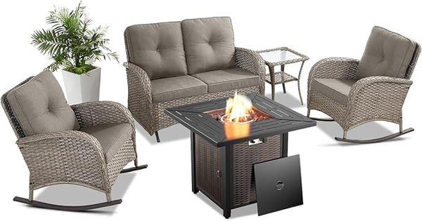 5 Pieces Patio Furniture Set with 50000 BTU Propane Fire Pit Table, All-Weather Patio Rocking Chairs - Photo 1