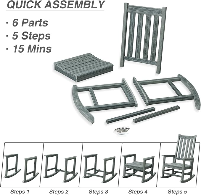 Outdoor Rocking Chair Set of 2, HDPE Oversized Patio Rocking Chairs, Weather Resistant, 350lbs Heavy Duty Porch Rocker with High Back for Backyard, Fire Pit, Garden and Indoor (Grey)