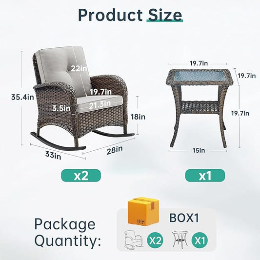 Patio Rocking Chair - 3 Peices Outdoor Wicker Rocker Porch Chair Set with Tempered Glass Side Table, 300 Lb Weight Capacity Rattan Seating for Balcony Garden Brown/Beige